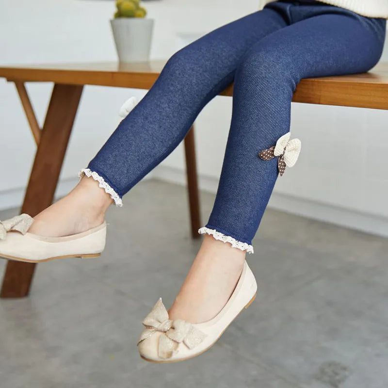 Girls Warm Jean Leggings with Bow