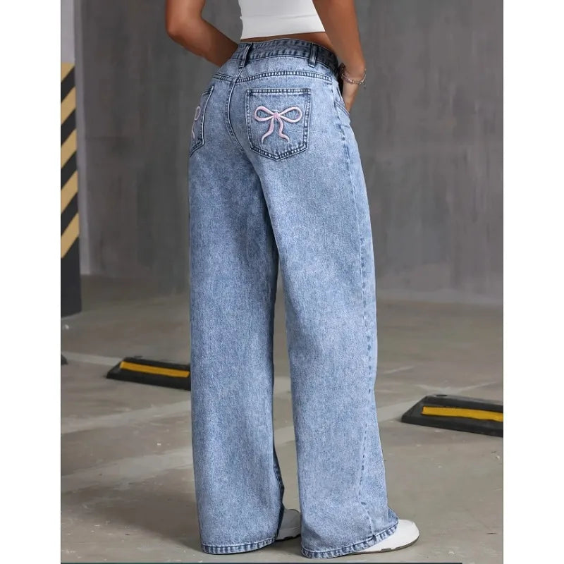 Bow Embroidered Wide Leg Jeans