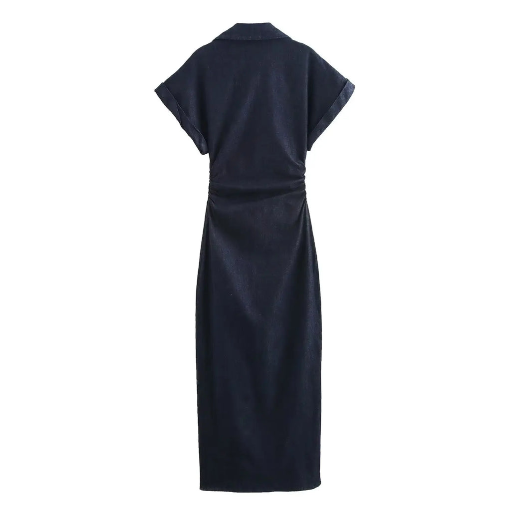 Denim Midi Dress with Lapel
