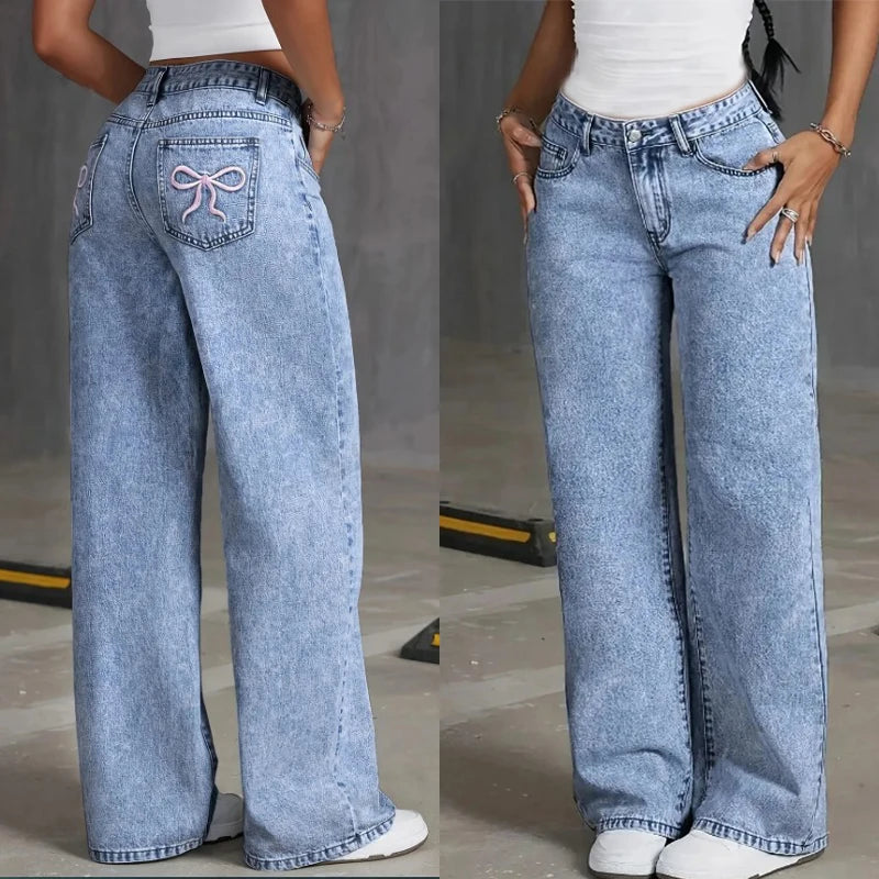 Bow Embroidered Wide Leg Jeans