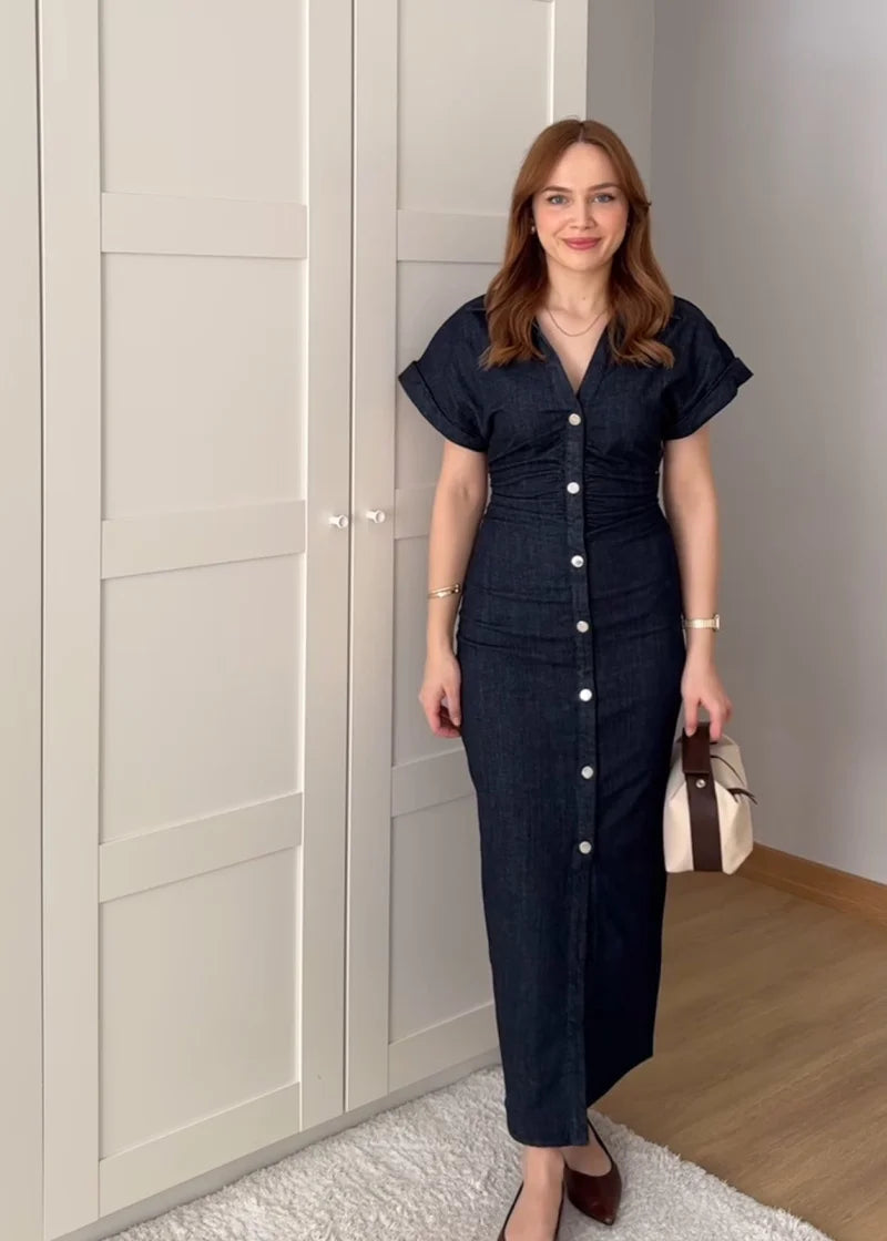 Denim Midi Dress with Lapel