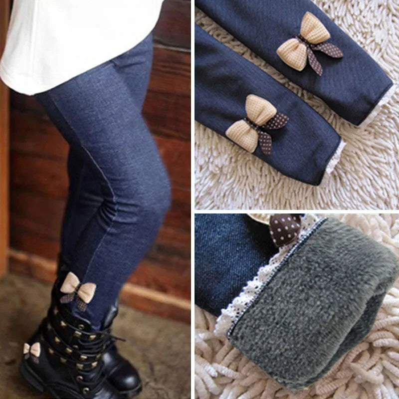 Girls Warm Jean Leggings with Bow