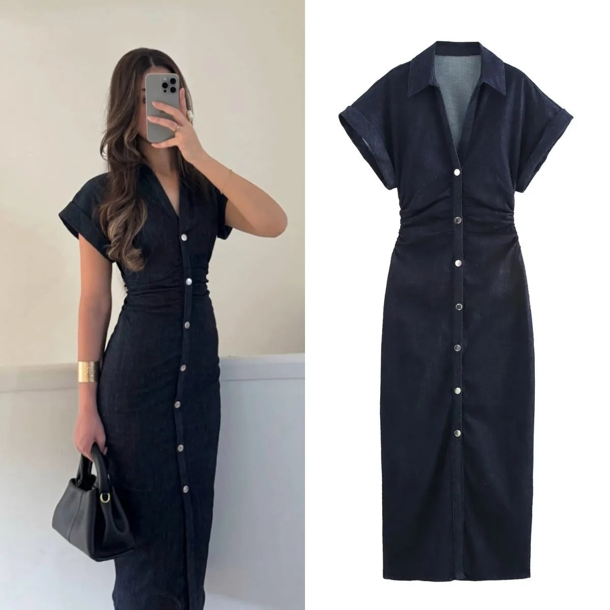 Denim Midi Dress with Lapel
