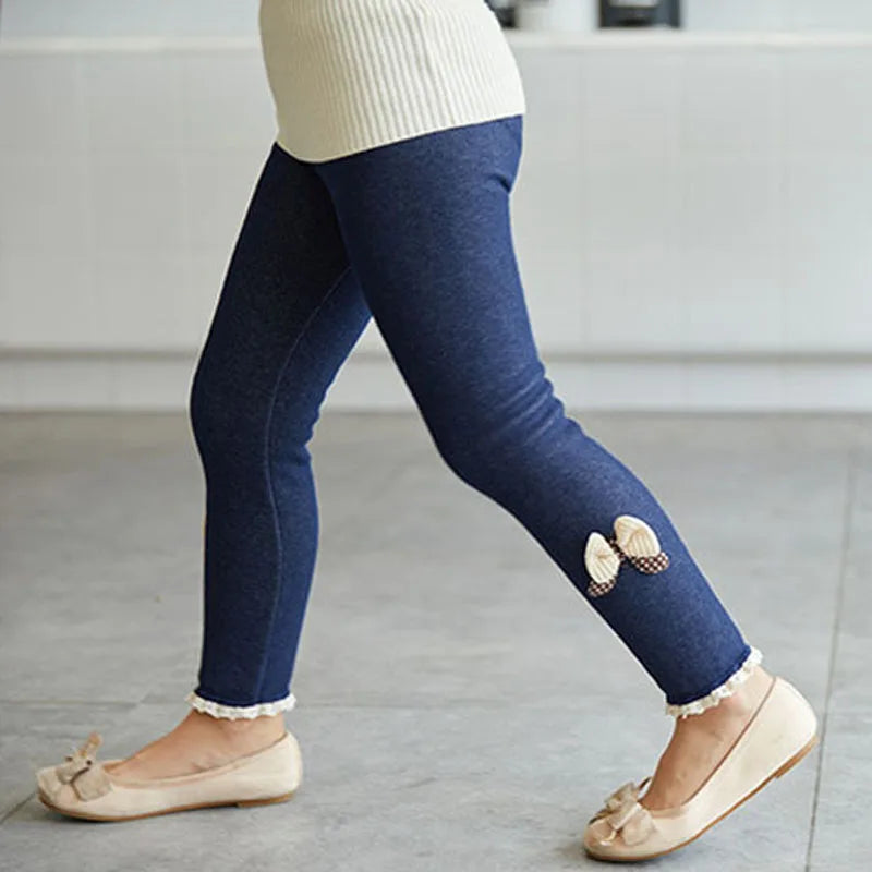 Girls Warm Jean Leggings with Bow