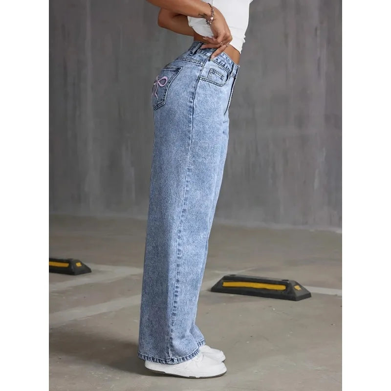 Bow Embroidered Wide Leg Jeans