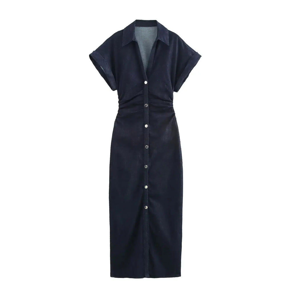 Denim Midi Dress with Lapel