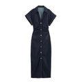 Denim Midi Dress with Lapel